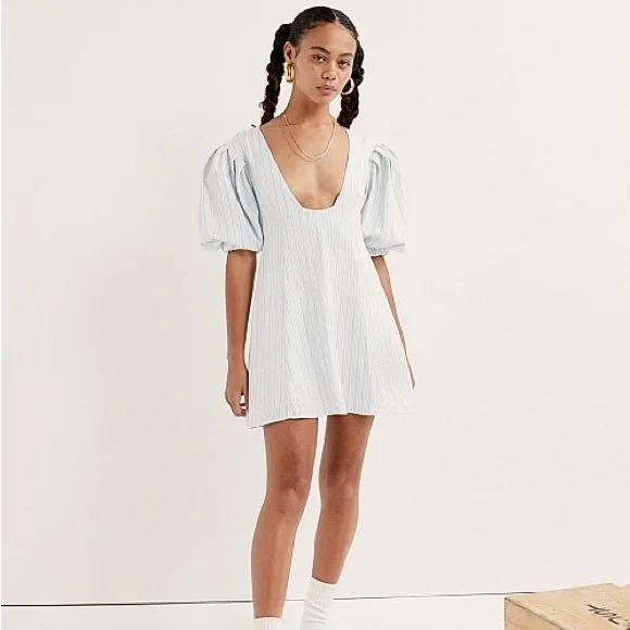 NWT For Love & Lemons Leslie Blue Striped Puff Sleeve Mini Dress - Picture 2 of 16